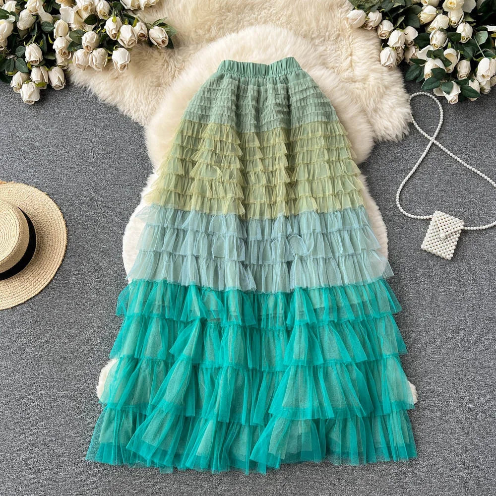 Navarita | Ombre Rainbow Layered Mesh Maxi Skirt