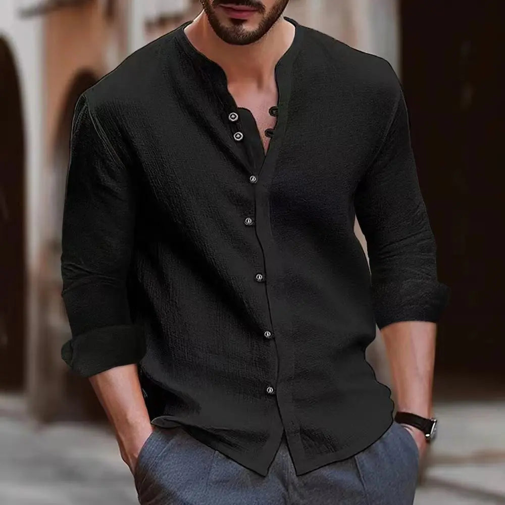 Navarita | Retro Stand Collar Cotton-Linen T-Shirt
