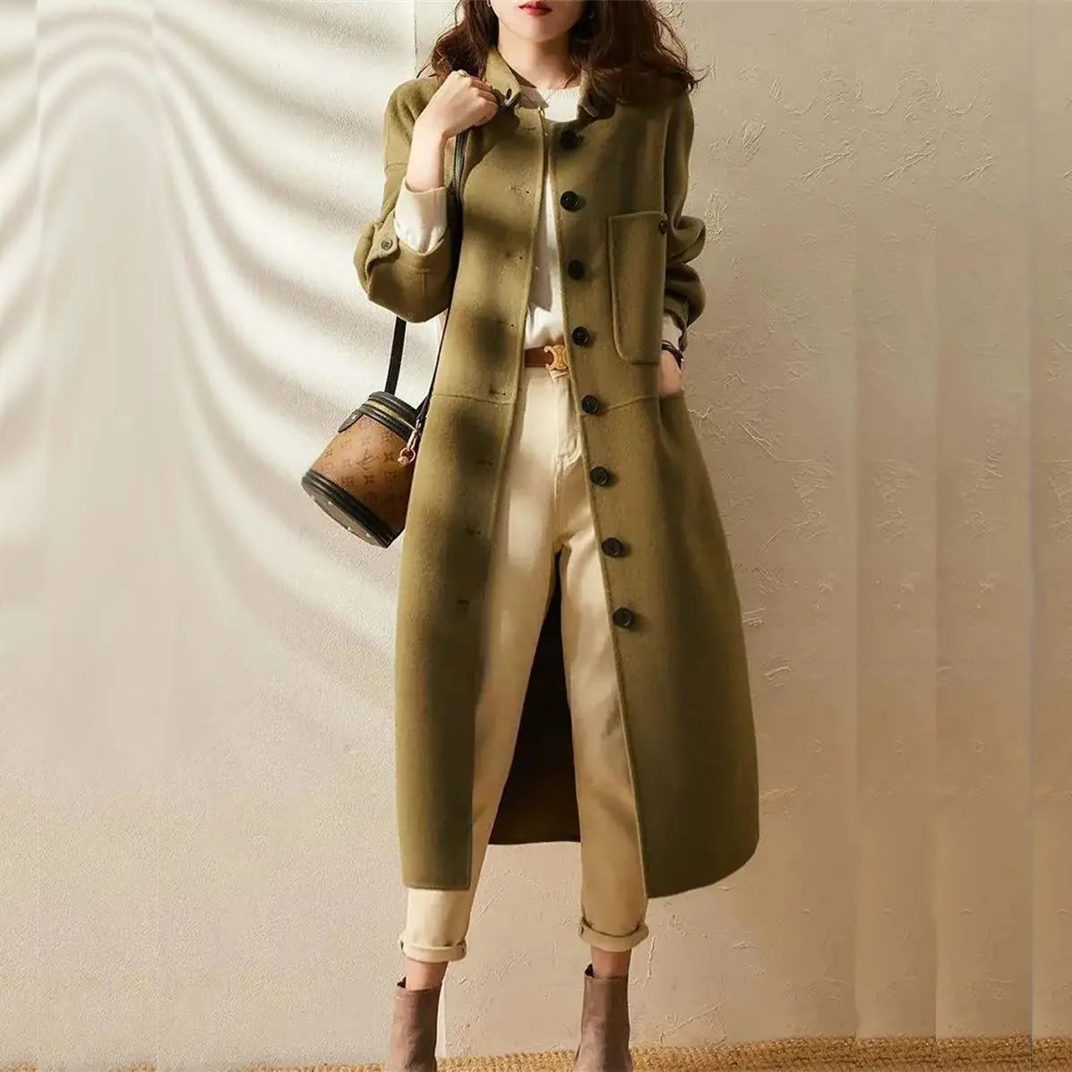 Navarita | Elegant Long Wool-Blend Buttoned Coat
