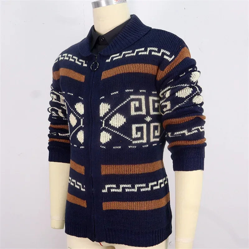 Navarita | Khaki Patterned Zip-Up Knit Cardigan with Shawl Collar