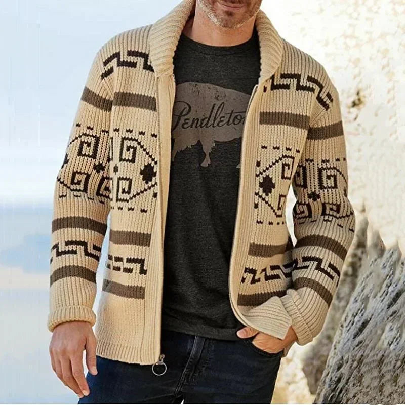 Navarita | Khaki Patterned Zip-Up Knit Cardigan with Shawl Collar