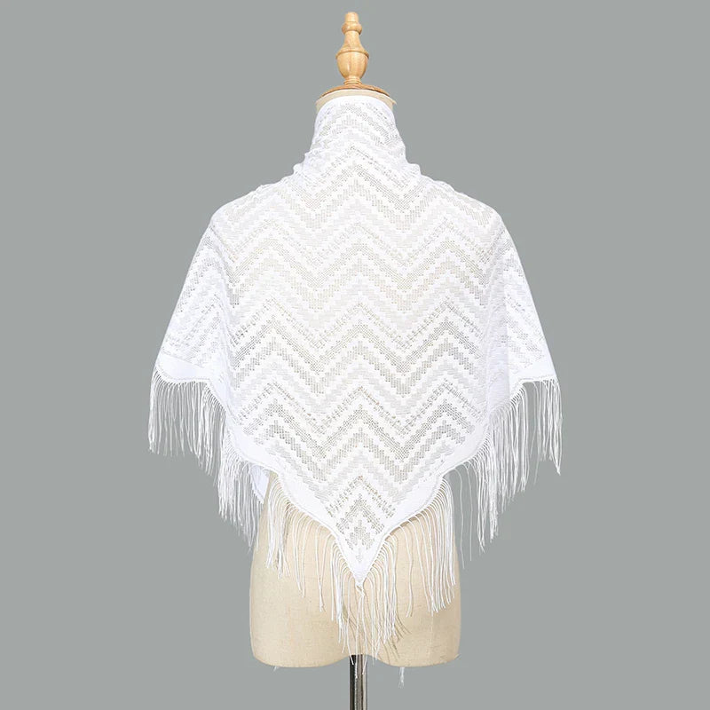 Navarita | White Lace Embroidered Shawl with Tassel Edges