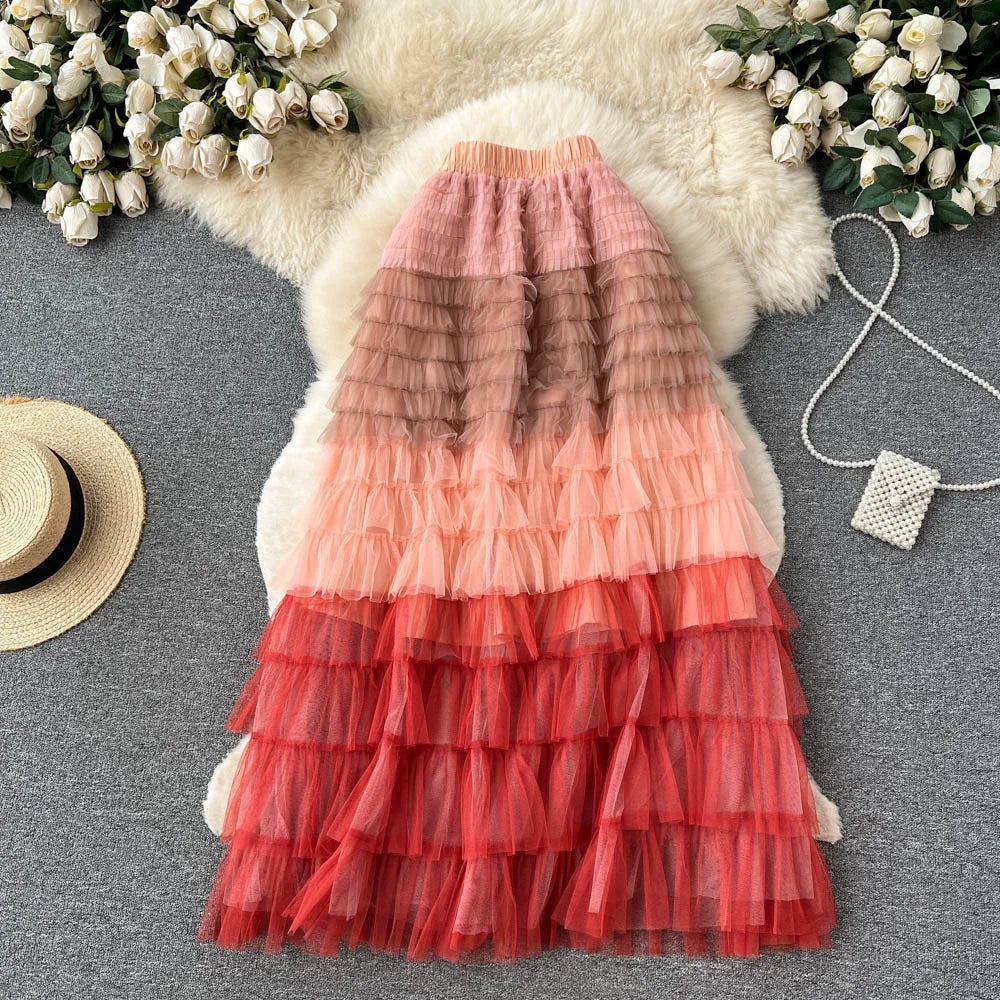 Navarita | Ombre Rainbow Layered Mesh Maxi Skirt