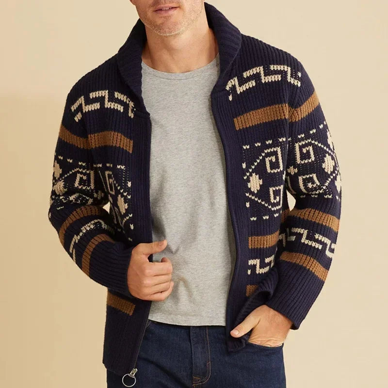 Navarita | Khaki Patterned Zip-Up Knit Cardigan with Shawl Collar