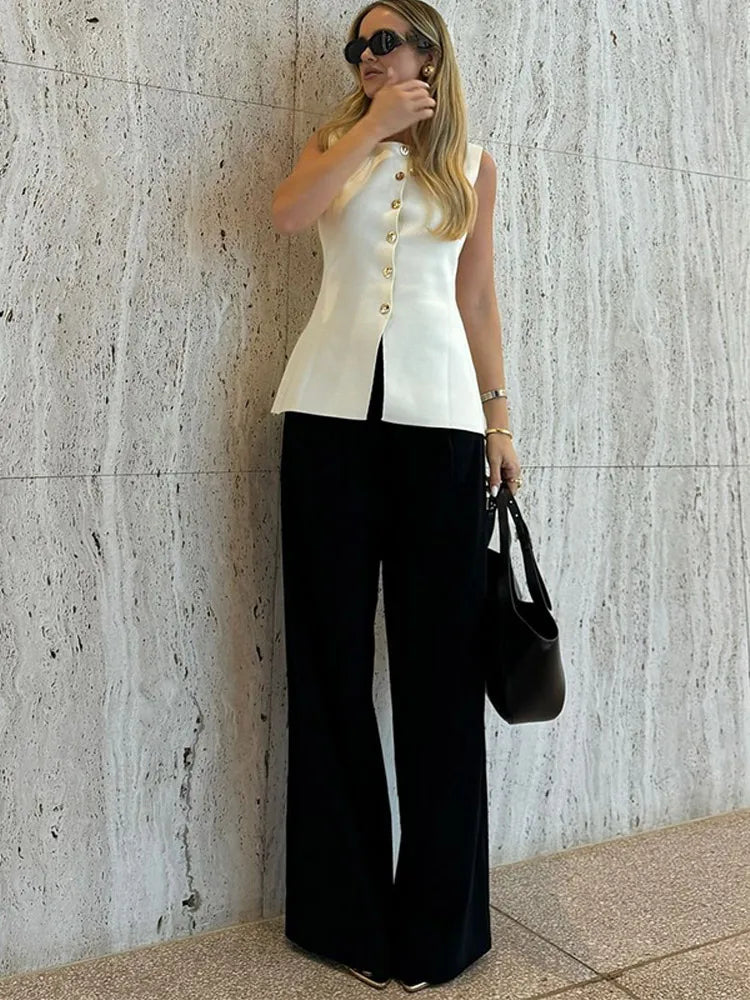 Navarita | Golden Button Slim Knit Vest – White