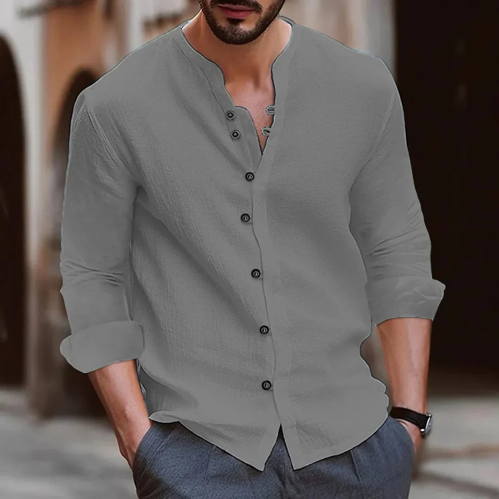 Navarita | Retro Stand Collar Cotton-Linen T-Shirt