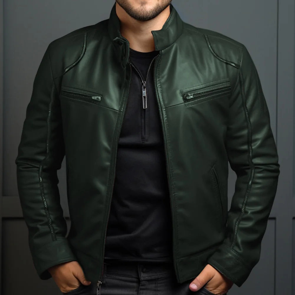 Navarita | Faux Leather Biker Jacket with Stand Collar