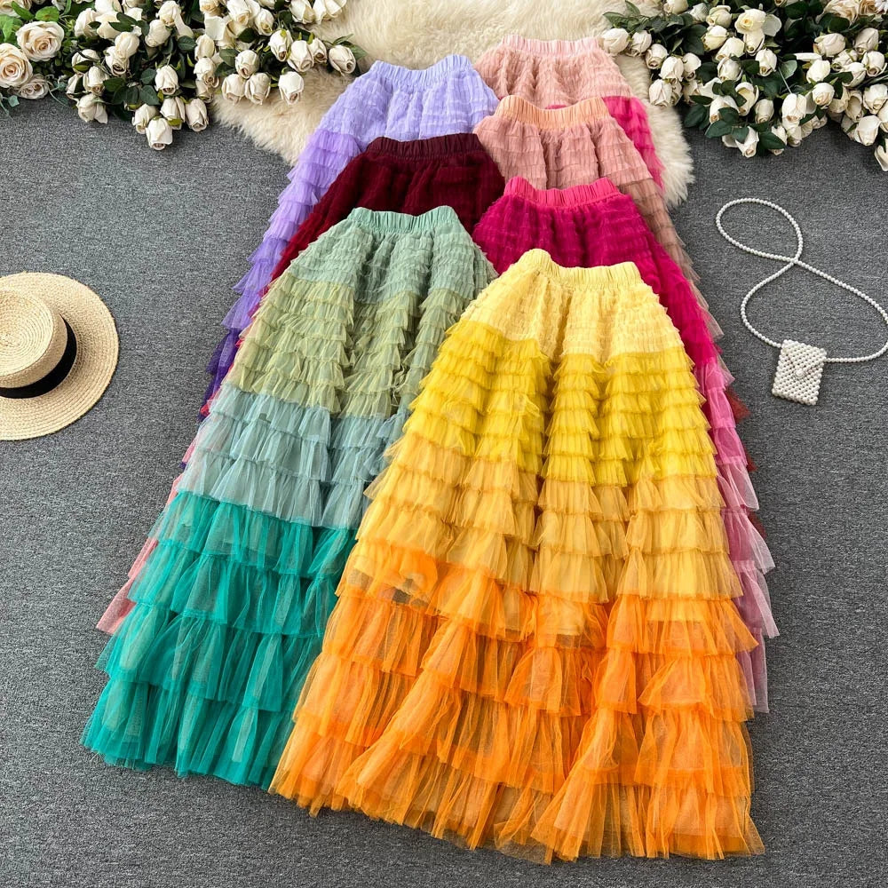Navarita | Ombre Rainbow Layered Mesh Maxi Skirt