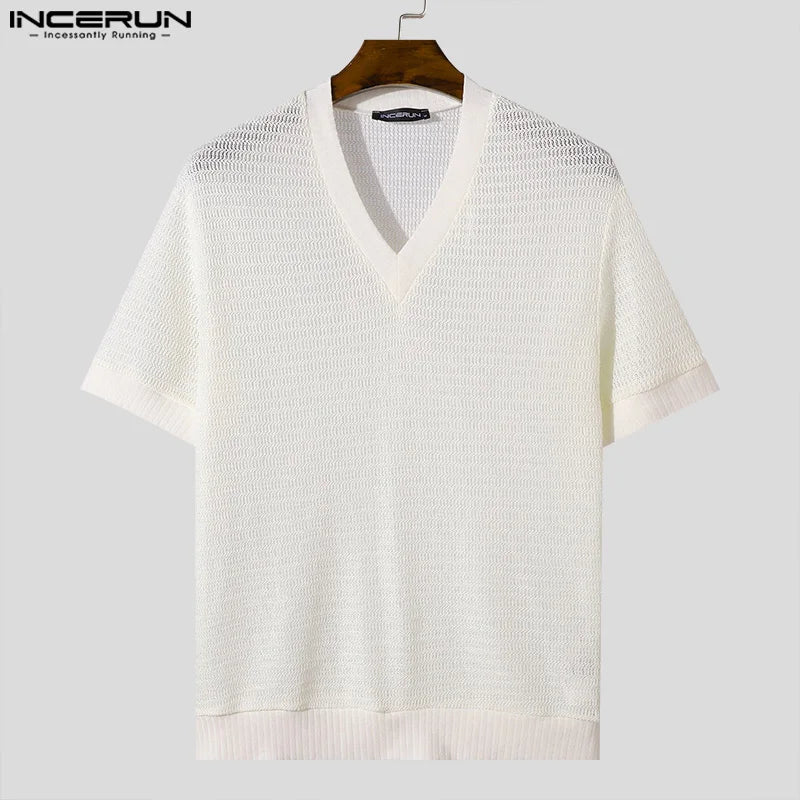 Navarita | Knitted Mesh V-Neck Tee in Beige