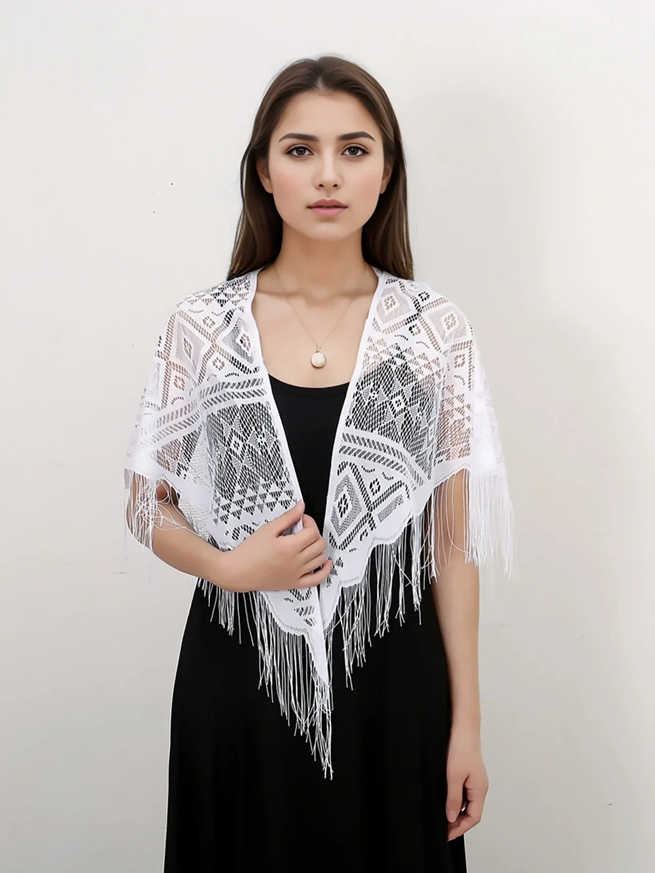 Navarita | White Lace Embroidered Shawl with Tassel Edges