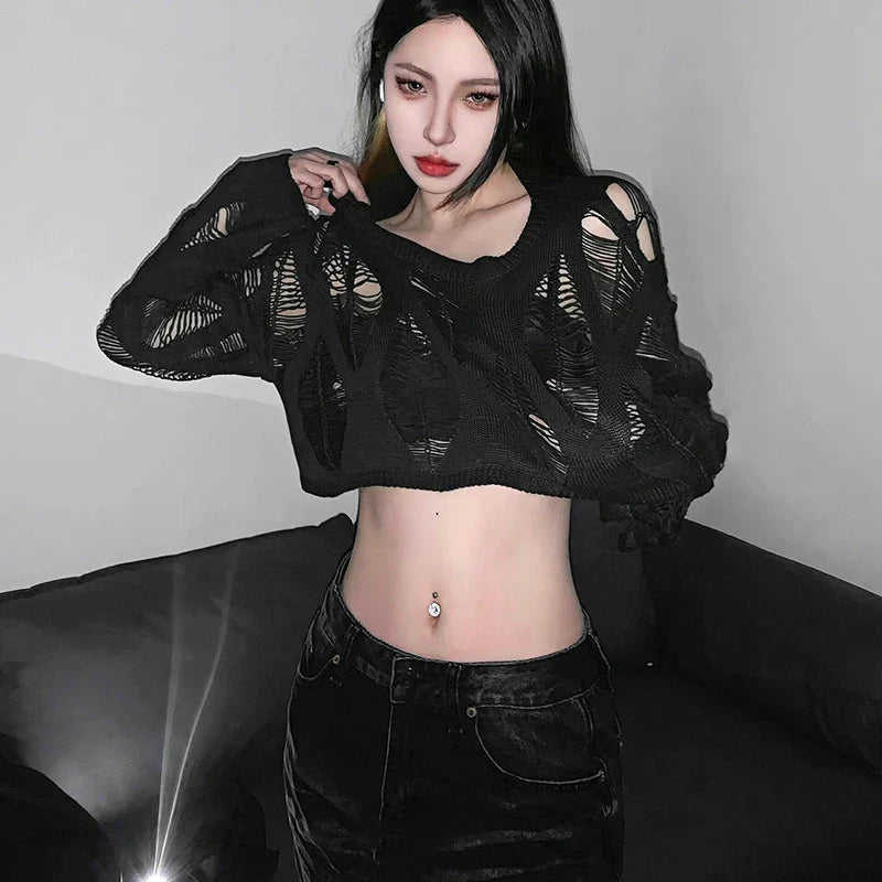 Navarita | Hollow-Knit Shadow Crop Top