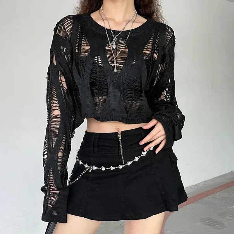 Navarita | Hollow-Knit Shadow Crop Top