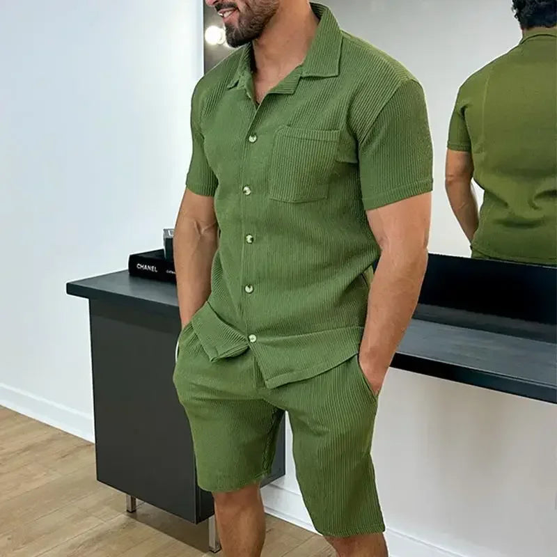 Navarita | Men's Ribbed Summer Button-Up Two-Piece Set