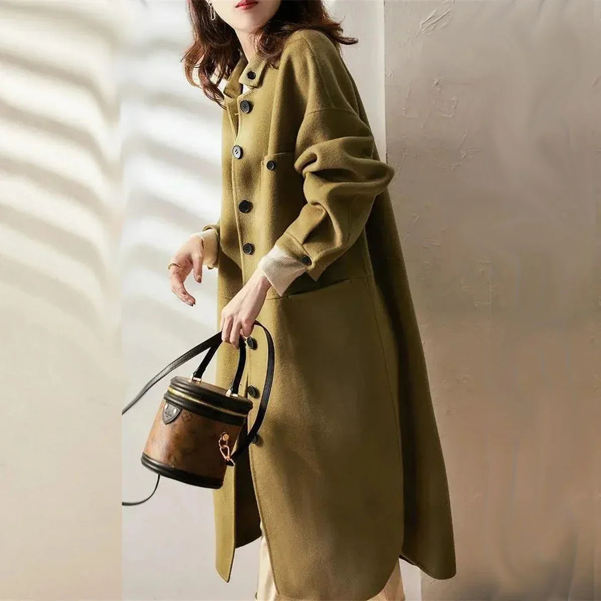 Navarita | Elegant Long Wool-Blend Buttoned Coat
