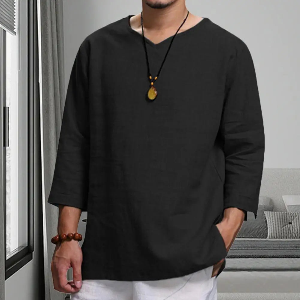 Navarita | Khaki Relaxed Linen 3/4 Sleeve Pullover T-Shirt