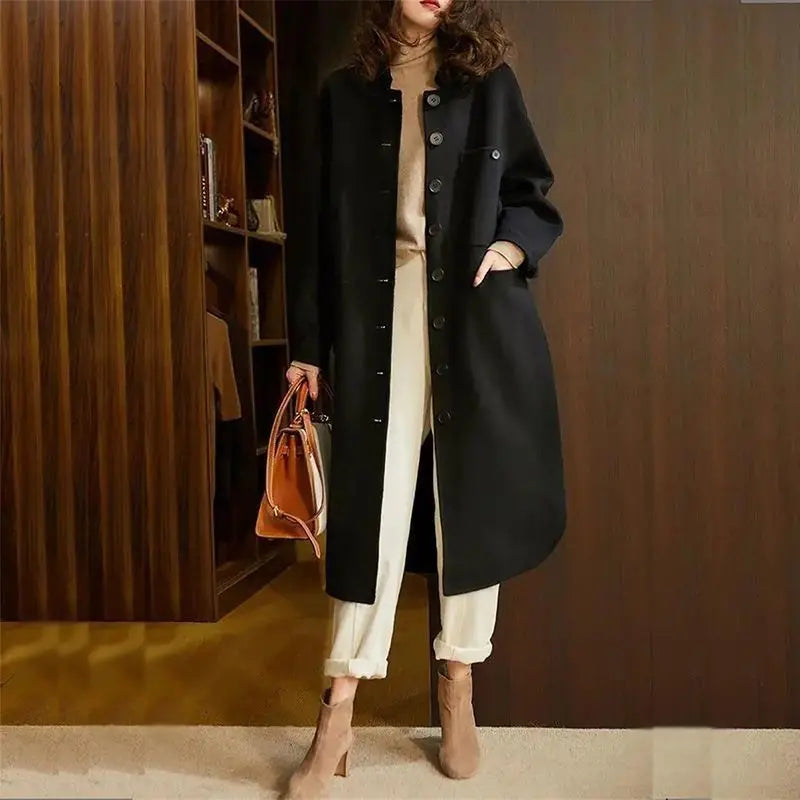 Navarita | Elegant Long Wool-Blend Buttoned Coat