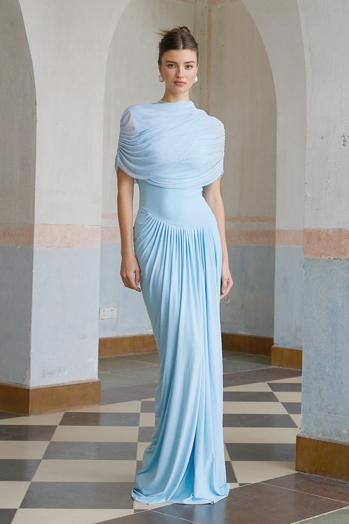 Vestido Maxi Azul Asimétrico Plisado Catherine