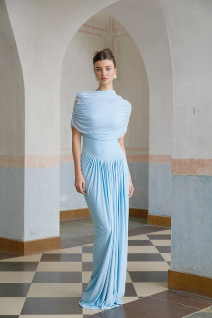 Vestido Maxi Azul Asimétrico Plisado Catherine