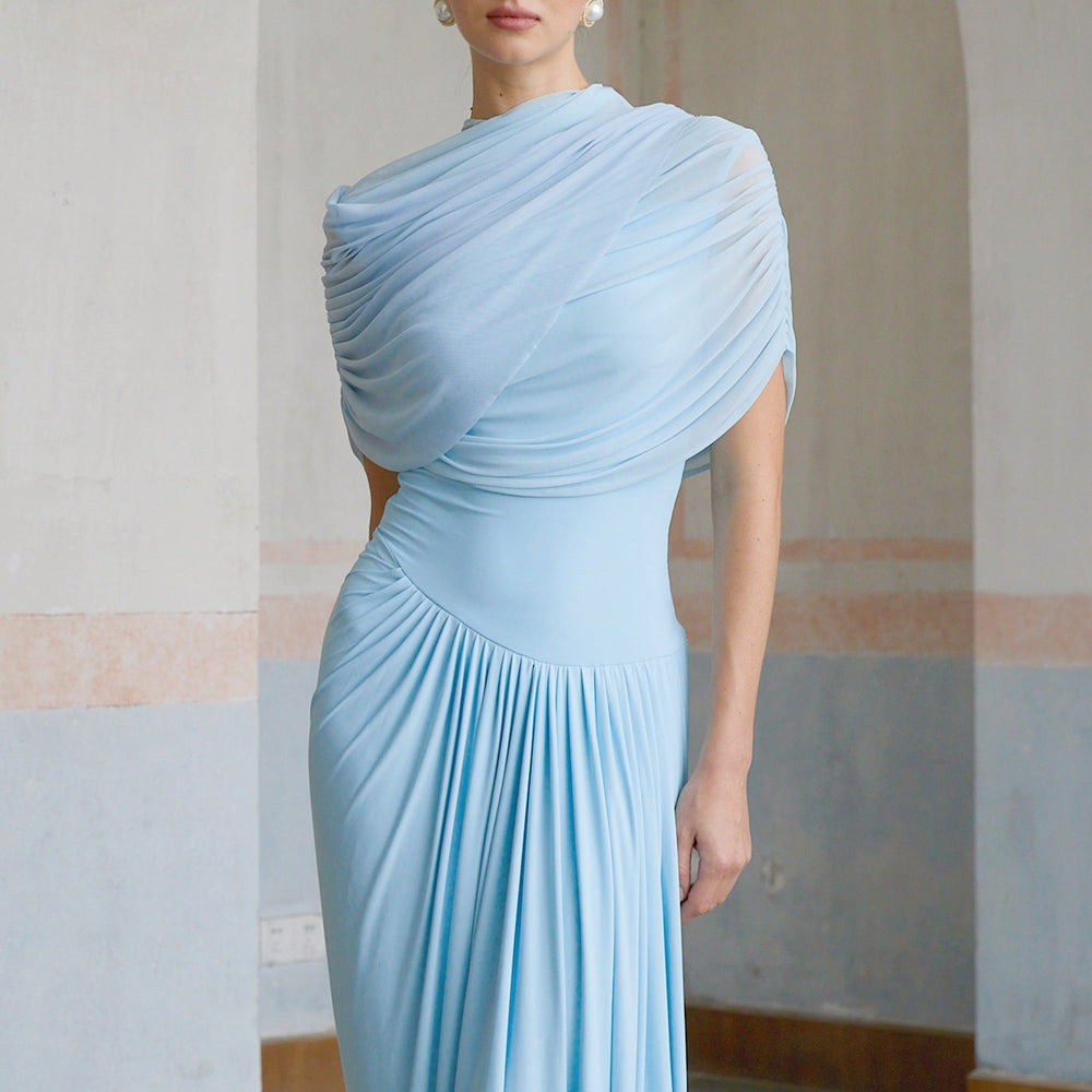 Vestido Maxi Azul Asimétrico Plisado Catherine