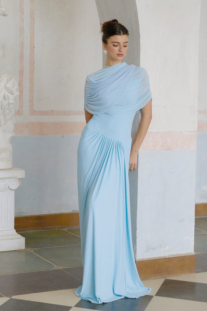 Vestido Maxi Azul Asimétrico Plisado Catherine