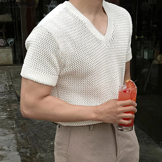 Navarita | Knitted Mesh V-Neck Tee in Beige