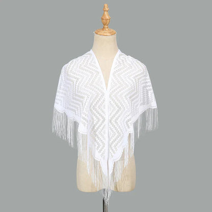 Navarita | White Lace Embroidered Shawl with Tassel Edges