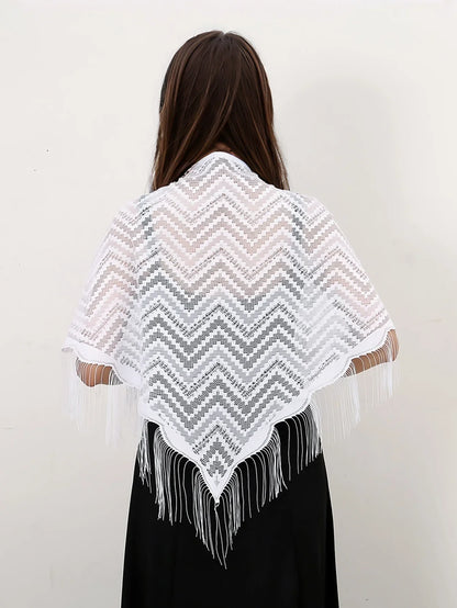 Navarita | White Lace Embroidered Shawl with Tassel Edges