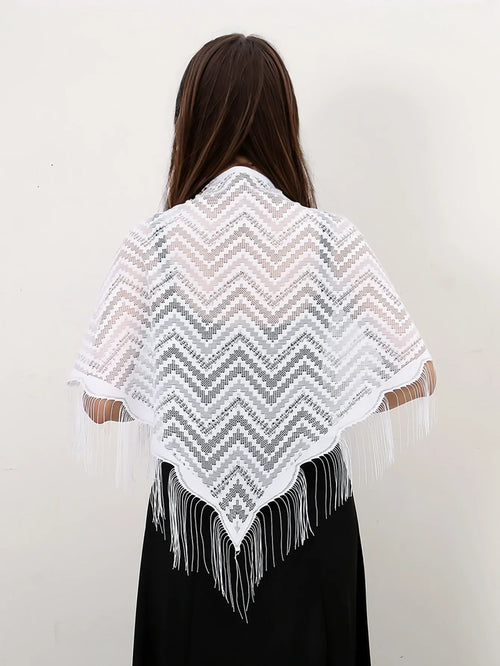 Navarita | White Lace Embroidered Shawl with Tassel Edges