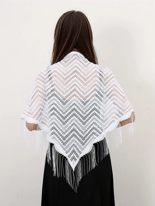 Navarita | White Lace Embroidered Shawl with Tassel Edges