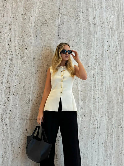 Navarita | Golden Button Slim Knit Vest – White