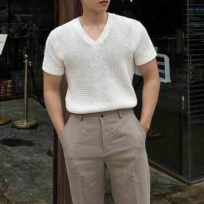 Navarita | Knitted Mesh V-Neck Tee in Beige