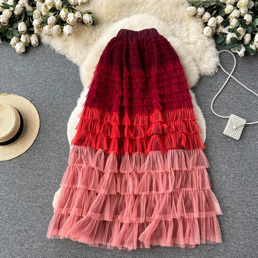 Navarita | Ombre Rainbow Layered Mesh Maxi Skirt