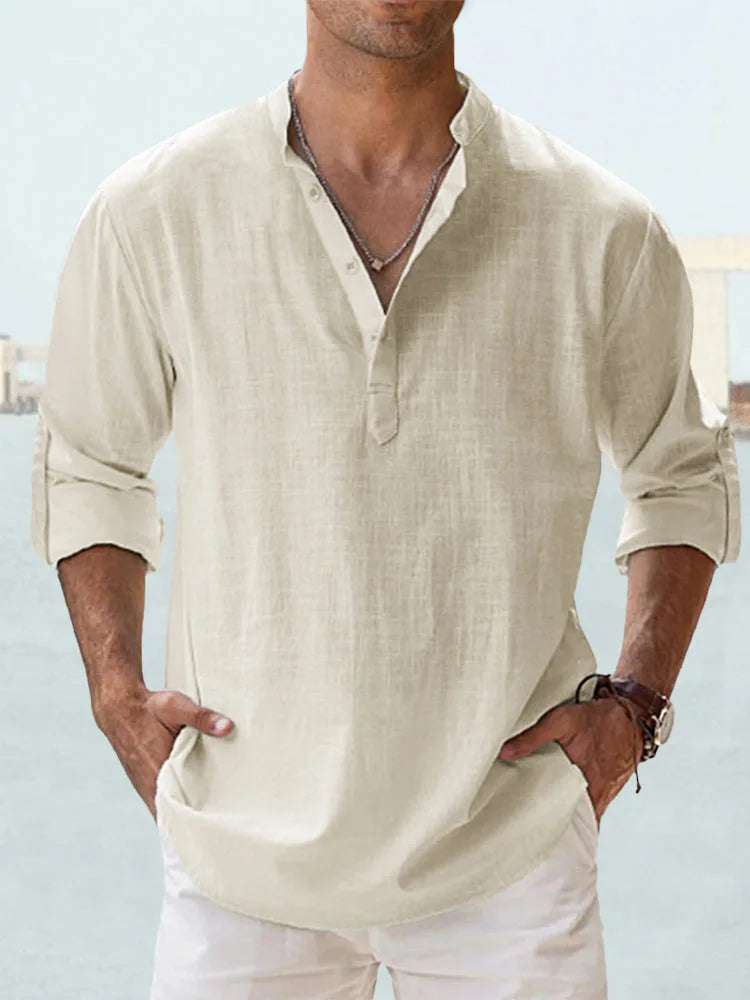Navarita | Linen-Cotton Long Sleeve T-Shirt in White