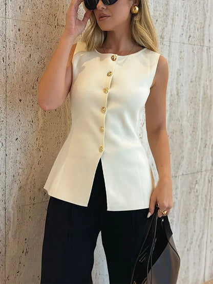 Navarita | Golden Button Slim Knit Vest – White