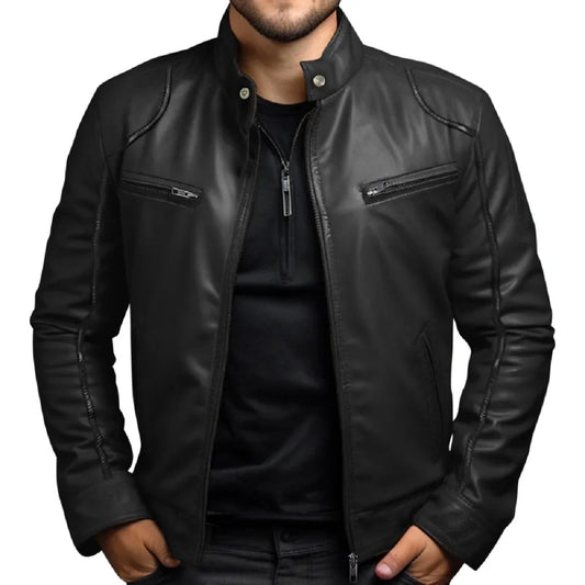 Navarita | Faux Leather Biker Jacket with Stand Collar