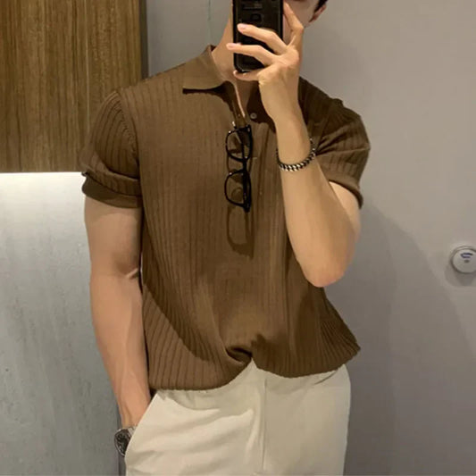 Navarita | Coffee Knit Polo Shirt with Rolled Sleeves