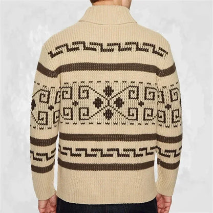 Navarita | Khaki Patterned Zip-Up Knit Cardigan with Shawl Collar