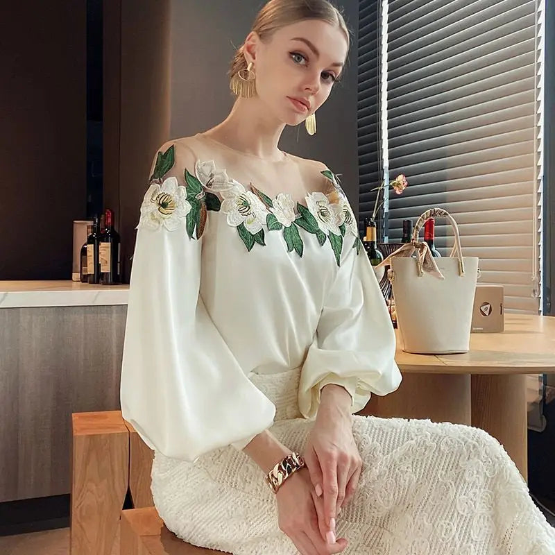Navarita | Embroidered Mesh Blossom Blouse
