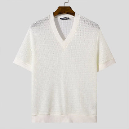 Navarita | Knitted Mesh V-Neck Tee in Beige