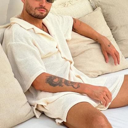 Navarita | Mesh Textured Short Sleeve Button Shirt & Shorts Set