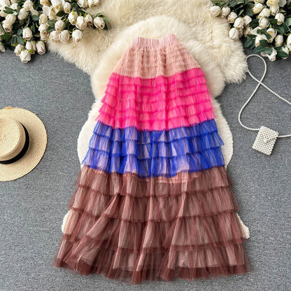 Navarita | Ombre Rainbow Layered Mesh Maxi Skirt