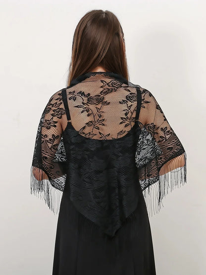 Navarita | White Lace Embroidered Shawl with Tassel Edges