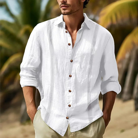 Navarita | Classic Linen Blend Button-Up T-Shirt – White