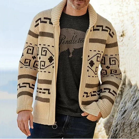 Navarita | Khaki Patterned Zip-Up Knit Cardigan with Shawl Collar