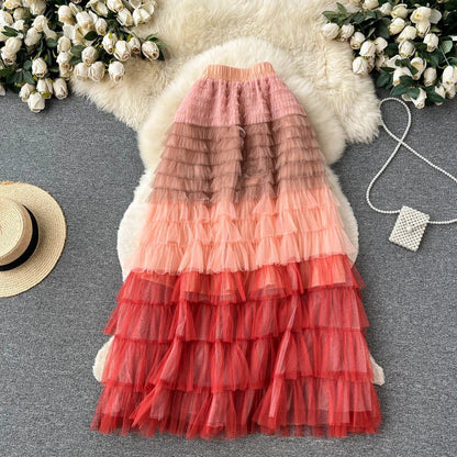 Navarita | Ombre Rainbow Layered Mesh Maxi Skirt