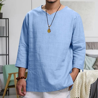 Navarita | Khaki Relaxed Linen 3/4 Sleeve Pullover T-Shirt