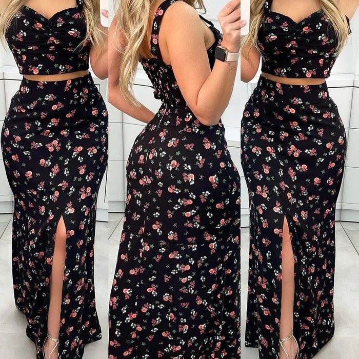Conjunto de top corto floral y falda larga – Zavina