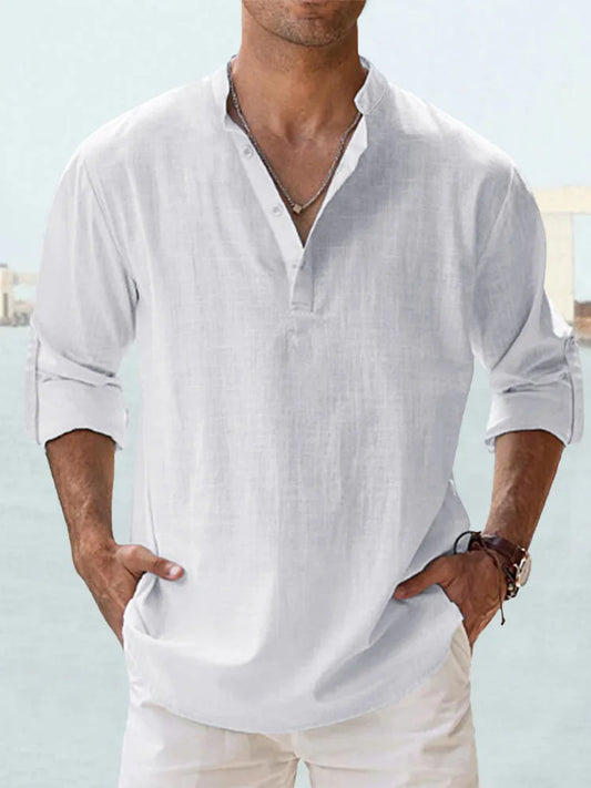 Navarita | Linen-Cotton Long Sleeve T-Shirt in White