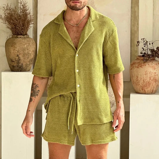 Navarita | Mesh Textured Short Sleeve Button Shirt & Shorts Set
