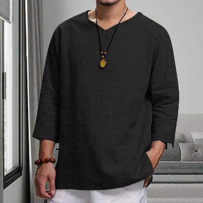 Navarita | Khaki Relaxed Linen 3/4 Sleeve Pullover T-Shirt
